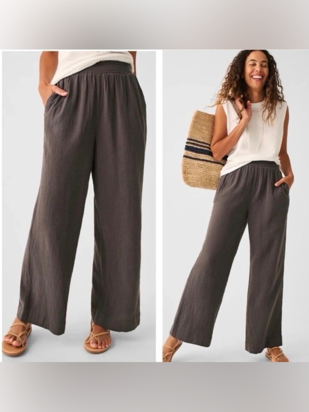 Faherty Dream Cotton Gauze Wide Leg Pants Charcoal Gray - XXS Organic Cotton